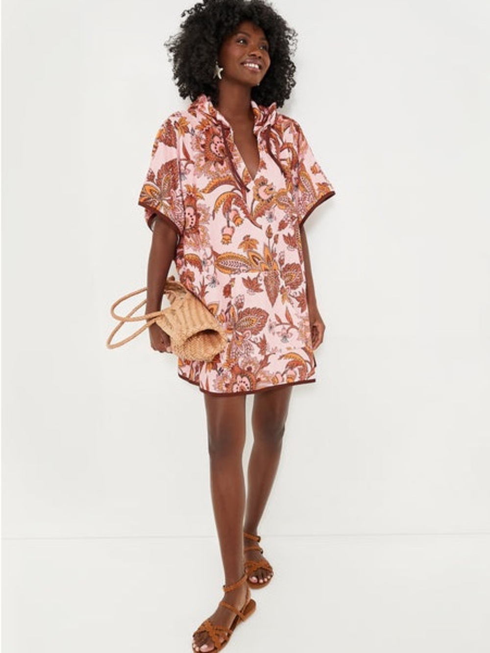 Tuckernuck Pink Paisley Short Tunic Cover-Up with Brown Trim